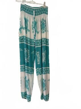 NEW PARADISE ISLAND women's turtle print beach pants in teal & white